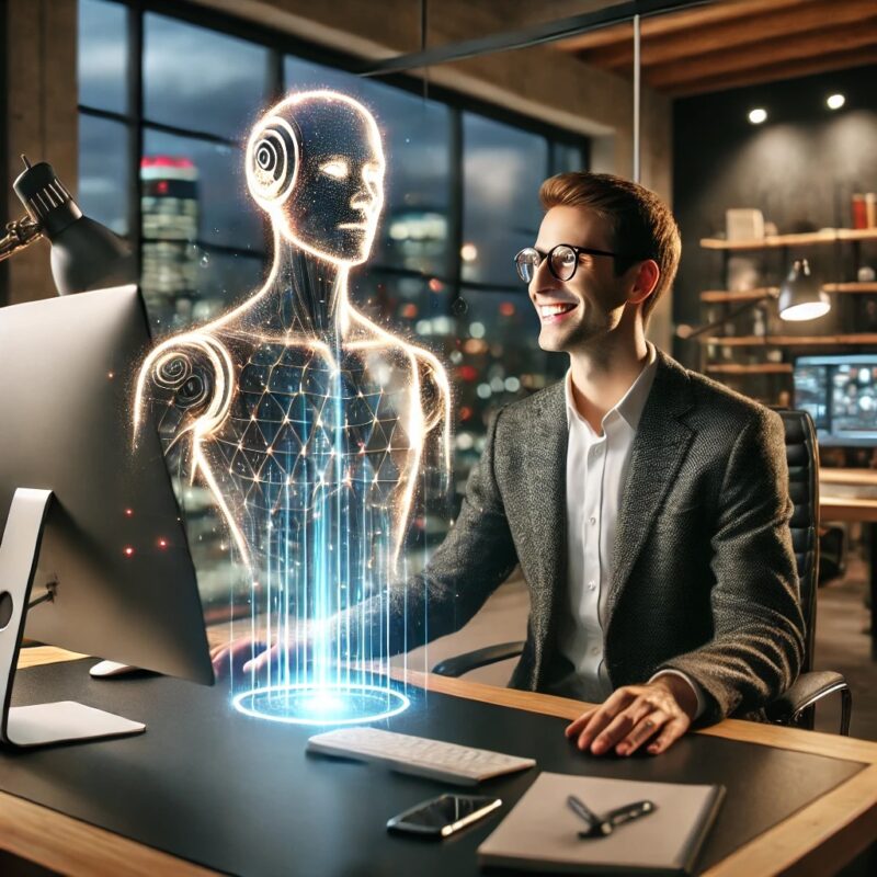 DALL·E 2024 12 10 12.41.40 A photorealistic image of an entrepreneur in his modern office sitting at a sleek desk smiling and looking at a glowing advanced AI interface displ