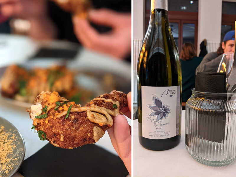 Boucan Lyon - pilon de poulet pané et bouteille de vin blanc 